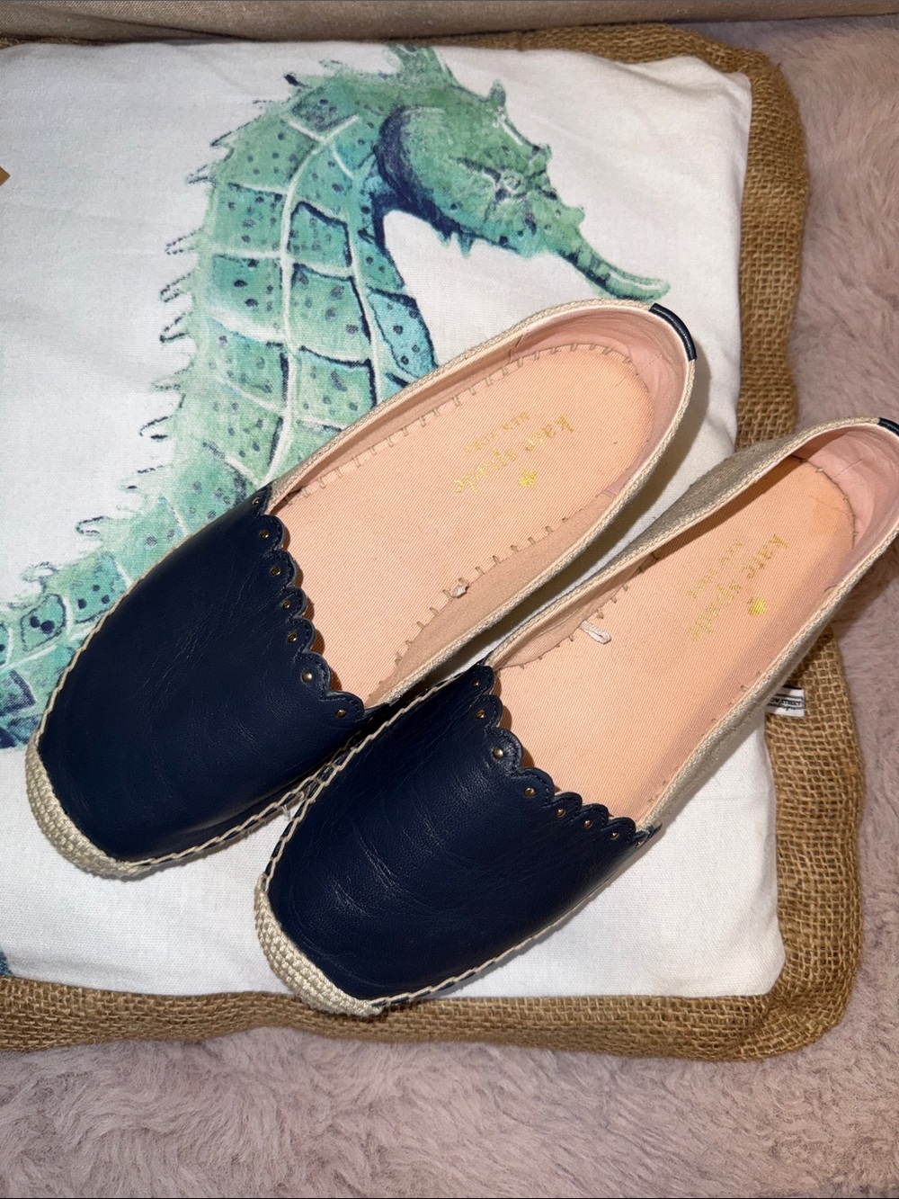 kate spade Black Leather Espadrille Slip-Ons with Scalloped Trim